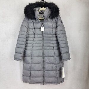 NWT Calvin Klein Winter Coat Parka Hooded Quilted Gray/Black Women M Vegan Fur